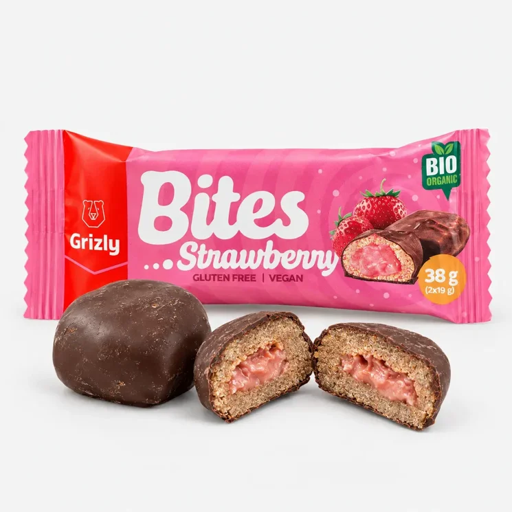 BITES Truskawkowe nadziewane mini batoniki w gorzkiej czekoladzie BIO (2x19 g)