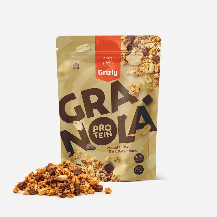 Granola z proteinem z masłem orzechowym i daktylowo-kakaowe kropelki 6 x 450 g